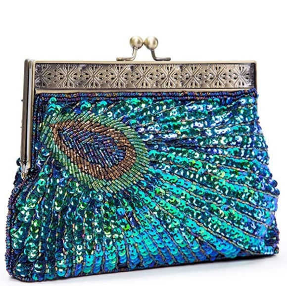 Peacock Feather 20s 30s Retro Sequin Clutch Purse Blue Evening Bag Chain Strap - Picture 3 of 11